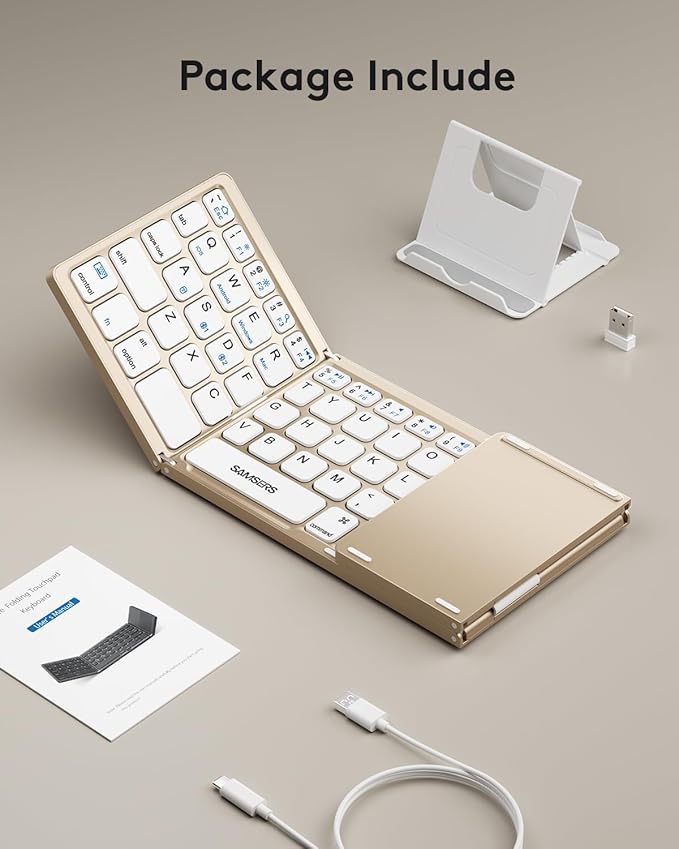 Samsers Multi-Device Foldable Bluetooth Keyboard with Touchpad, Rechargeable Dual-Mode(2.4G+BTx2) Wireless Keyboard with Holder, Portable Folding Keyboards for Android Windows iOS Mac OS - Gold