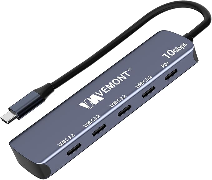 VEMONT 10Gbps USB-C Hub:4-Port 10Gbps Data Transfer and 100W PD Charging for laptops. USB 3.2 Gen 2 Standard. Compatible with MacBook, iPhone, iPad, Surface Pro, and Other USB-C Devices.