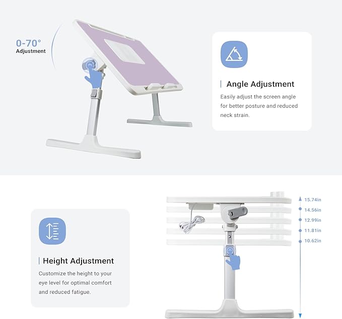Laptop Lap Desk Include Cooling Fan,Adjustable Lap Desk with Light Fan,Folding Laptop Desk for Bed with USB,Bed Desk with Storage Drawer 56x32cm,Purple