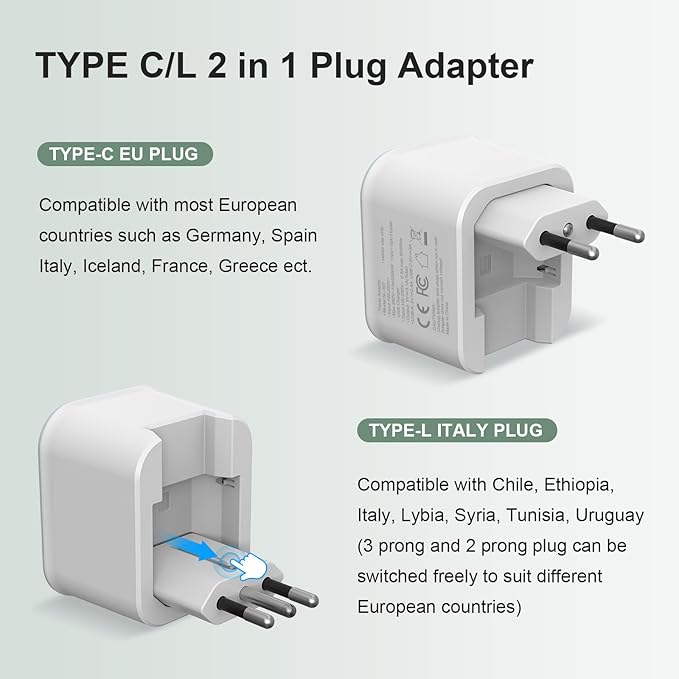 European Travel Plug Adapter, Foldable Power Adapter with 3 USB(1 USB C Port) and 1 AC Outlets, 2 in 1 Type C/L EU Outlet Adapter for US to Most of Europe France Germany Spain Italy(1 Pack)