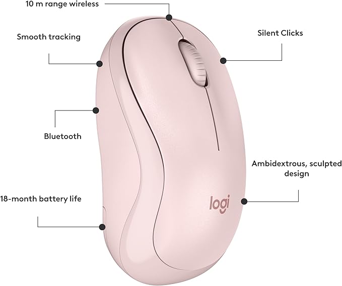 Logitech M240 Silent Bluetooth Mouse, Wireless, Compact, Portable, Smooth Tracking, 18-Month Battery, for Windows, macOS, ChromeOS, Compatible with PC, Mac, Laptop, Tablets - Rose
