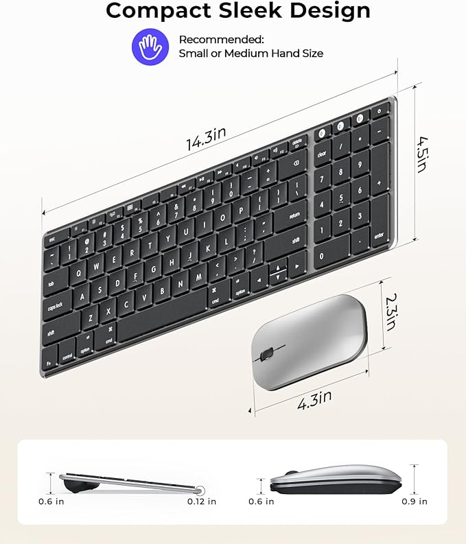 seenda Bluetooth Keyboard and Mouse for Mac, SKM64-2 Multi-Device Rechargeable Slim Wireless Keyboard Mouse Stainless Steel Full Size, Compatible with MacBook Pro/Air, iPad, Mac - Black Silver