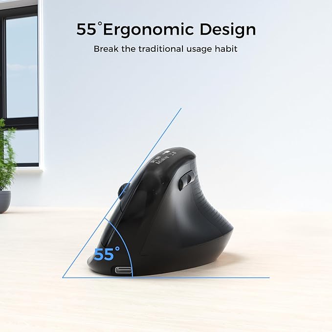 Wireless Ergonomic Mouse, Vertical Ergo Mouse with OLED Screen, Quiet Click, Rechargeable, Wired/Bluetooth/2.4GHz, 5 Adijustable DPI 800-6400 for Laptop, PC, Desktop, Computer, Black