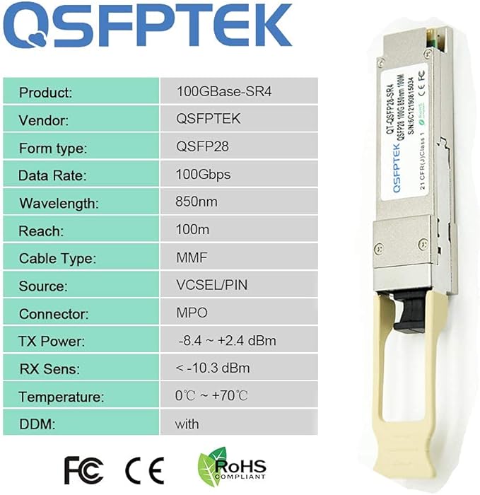 100GBASE-SR4 100G QSFP28 850nm 100m DOM MTP/MPO MMF Optical Transceiver Module for Mellanox MMA1B00-C100D, Data Center Ethernet and Telecom