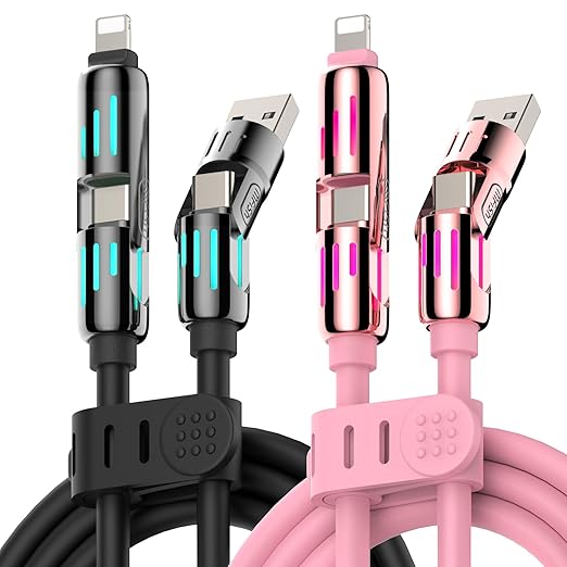 MFish 240W 4-in-1 Universal USB Charging Cable [2 Pack, 6.6ft] – Fast Charger Cord with USB-A, Dual USB-C & Lighting, for iPhone 14/15/16/17 Series, iPad & MacBook & More (2PACK, Black+Pink, 6.6Ft)
