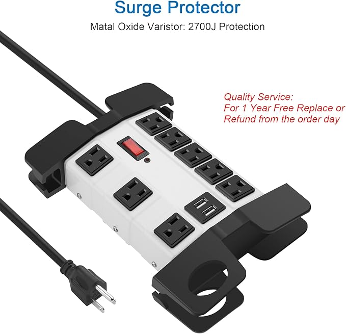 CCCEI Heavy Duty Power Strip with USB, Workshop 8 Outlet Surge Protector 2700 Joules, Industrial Metal 15Amp Power Strip, 4 FT Extension Cord and Wide Spaced Grey.