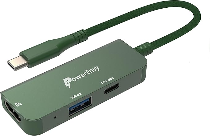 USB-C Hub 3-in-1 by PowerEnvy - 100W PD Charging, 4K HDMI, USB 3.0 Port (5Gbps) – Aluminum Portable Adapter for MacBook Pro/Air, iPad Pro, Dell XPS & More