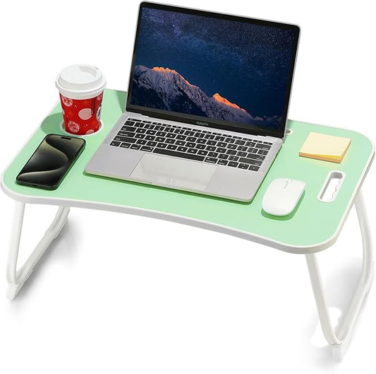 Laptop Bed Desk, Foldable Lap Table, Portable Study Table, Laptop Stand with Cup Holder & Tablet Slot & Lifting Handle for Working Writing Drawing & Eating - Green