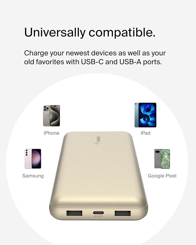 Belkin Portable Charger, USB-C Power Bank 20000 mAh w/ 2xUSB-A Ports, 15W w/Type-C to Type-A Cable for iPhone 17, Air, Samsung Galaxy S25, Pixel, iPad, Nintendo Switch 2, Google Pixel 10, etc. - Gold