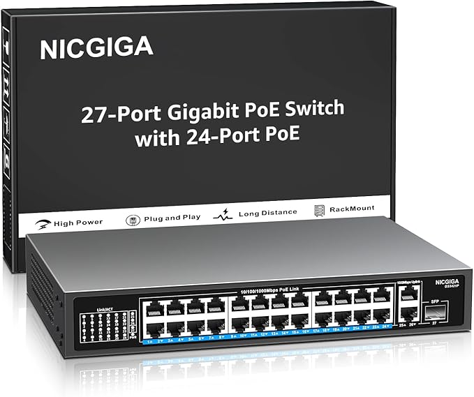 NICGIGA 24-Port Gigabit PoE Switch with 24 PoE+@300W, 2 Gigabit Uplink Ports, 1 SFP, Sturdy Metal for Desktop/Rack Mount, Plug and Play, Unmanaged Power Over Ethernet Switch