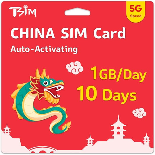 TSIM China SIM Card 10 Days | 1GB/Day 5G Speed | Auto Activating | Hotspot Sharing Allowed | Support Google, Facebook, Whats app and More. Data Only No Voice