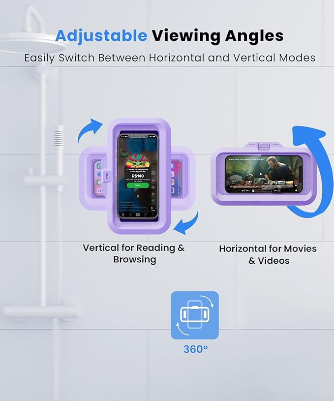 URROY Shower Phone Holder Waterproof One-Touch Open Shower Phone Case Anti-Fog & Sensitive Touchscreen Bathroom Wall Phone Mount Stand Universal Fit for iPhone & Smartphones Gift for Men Women Violet