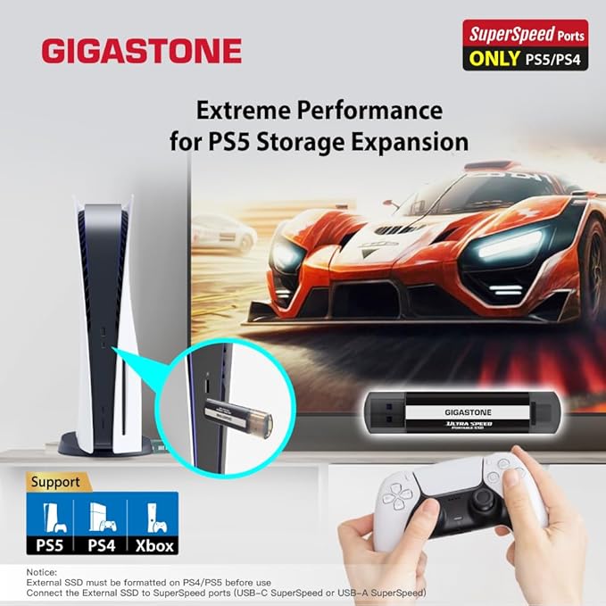 Gigastone 500GB Gaming External SSD, USB-C & USB-A, 1,050MB/s, PS5, iPhone15, Mac, Laptop, Smartphone SSD Backup Hard Drive