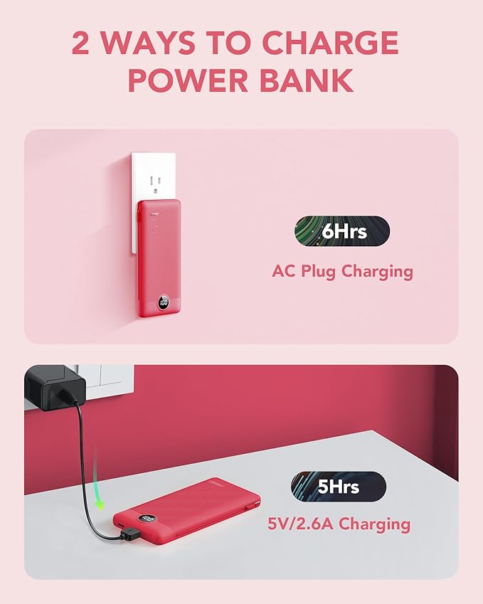 Portable Charger Built-in Cables and AC Wall Plug, VRURC USB C Power Bank 10000mAh, Travel Battery Portable Phone Charger Compact Lightweight External Battery Pack for SmartPhones,Tablets-Viva Magenta