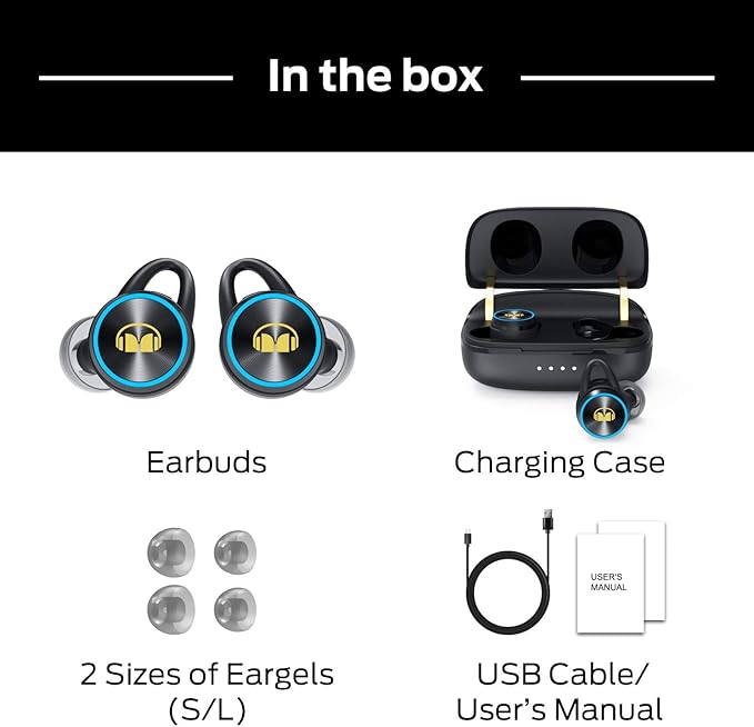 Monster Clarity 101Plus AirLinks Wireless Earbuds, Bluetooth 5.0 in-Ear Headphones with Charging Case, Stereo Earphones Deep Bass Sound, Built-in Mic, Clear Call, Water Resistant Design for Sports.