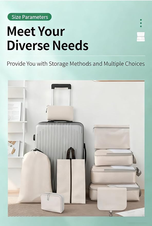 Compression Packing Cubes for Suitcases – 9 Set Travel Luggage Organiser Bags with Mesh Design, Waterproof Ultralight Packing Cubes for Backpack, Clothes & Home Storage (Beige)