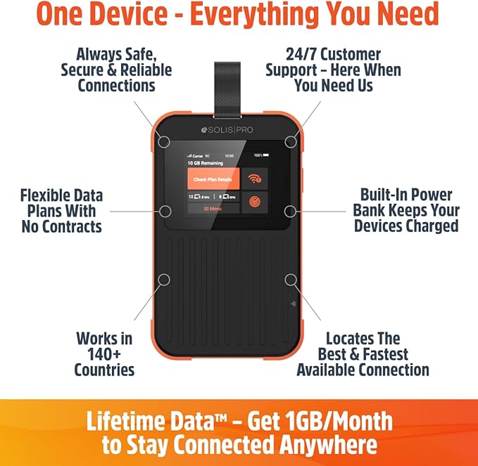 Solis Pro – Mobile 5G Hotspot and Power Bank, Bundle Includes Lifetime Data (12GB Per Year) and 10GB Global Data, Multi-Carrier, Wi-Fi 6E in140+ Countries, No Contract, Portable Internet by SIMO