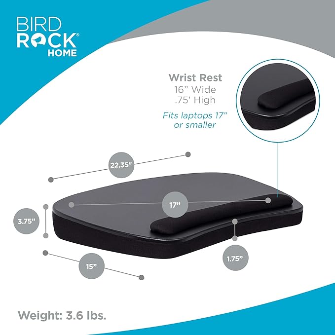 BIRDROCK HOME Oversized Lap Desk with Memory Foam Cushion, Wrist Rest, Portable Tray for Bed, Couch, Sofa, Recliner, Writing, Study, Compact Lapdesk, Ideal for WFH, Matte Black, Fits Laptops Up to 17"