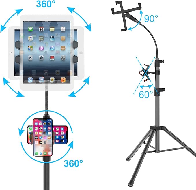 Tripod Stand for Ipad,Gooseneck 65-inch Floor Stand for Tablet,Floor Stand for iPad Tripod with 360° Rotating Mount for Mini, Air, Pro and All 4.7-11.9 Inch Tablet and Phone