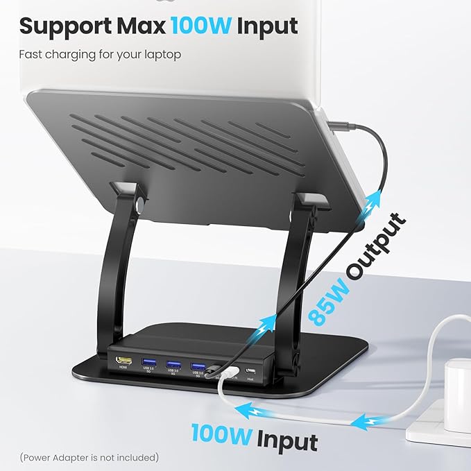 tounee Laptop Stand with Detachable USB-C Hub, 100W PD Charging, 4K@60Hz HDMI, 3 USB Ports, Ergonomic Laptop Holder Docking Station for 10-17" Laptops, MacBook & More (Black)