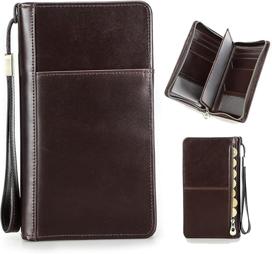 CONTACTS Travel Passport Wallet for Men Leather Family Passport Holder Travel Clutch Wallet Zipper Wrist Card Purse RFID Blocking with 13 Card Slot Fit up 4 Passports