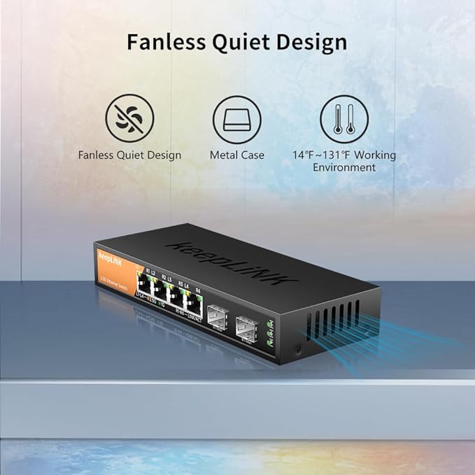6-Port 2.5G Switch Unmanaged, 4 x 2.5GBASE-T Ports & 2 x 10GBASE-T SFP Slots, 60Gbps Switching Capacity, Plug & Play/Wall Mountable/Fanless Metal, Compatible with 1000Mbps Devices