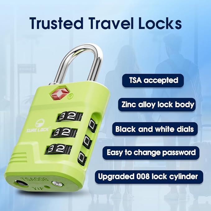 SURE LOCK TSA Locks for Luggage, TSA Approved Luggage Locks with Open Alert, 008 Key for High Security, Easy Read Dials, Zinc Alloy Body, Locker Lock for Suitcase, Gym, Travel. (Green 2 pk)