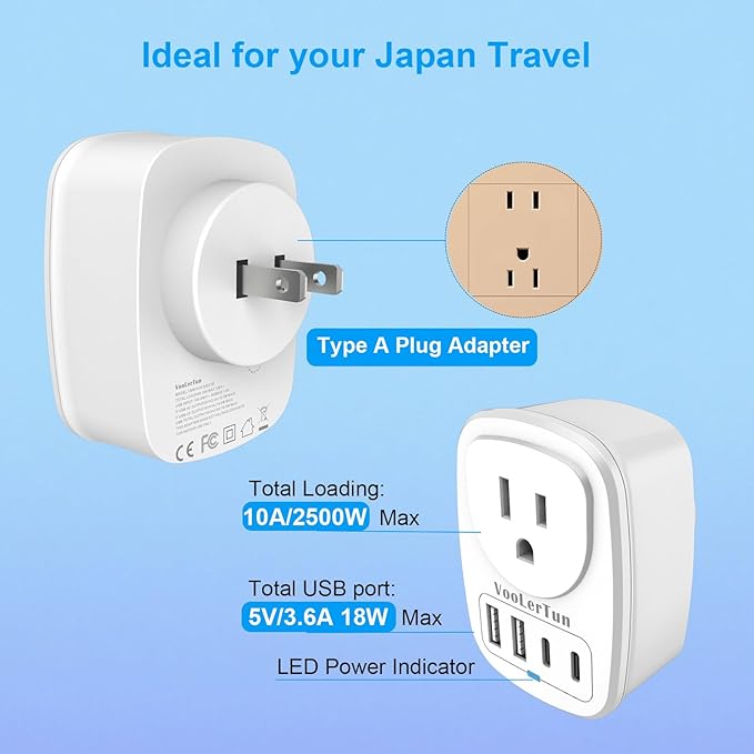 Type A Plug Travel Adapter,2 Packs Japan Plug Adapter, International Plug Travel Converter with 4 USB Ports and 1 American Outlet, US Socket to Philippine China Taiwan Travel essentials.