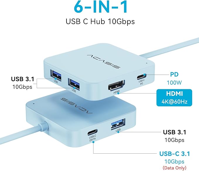 USB C Hub, Multiport Adapter with 4K@60 HDMI, 100W Power Delivery, 3 USB A+1 USB-C 3.1 Data Port, USB to HDMI Adapter for MacBook, Dell, Lenovo, Surface, iPad PRO, XPS (Blue)