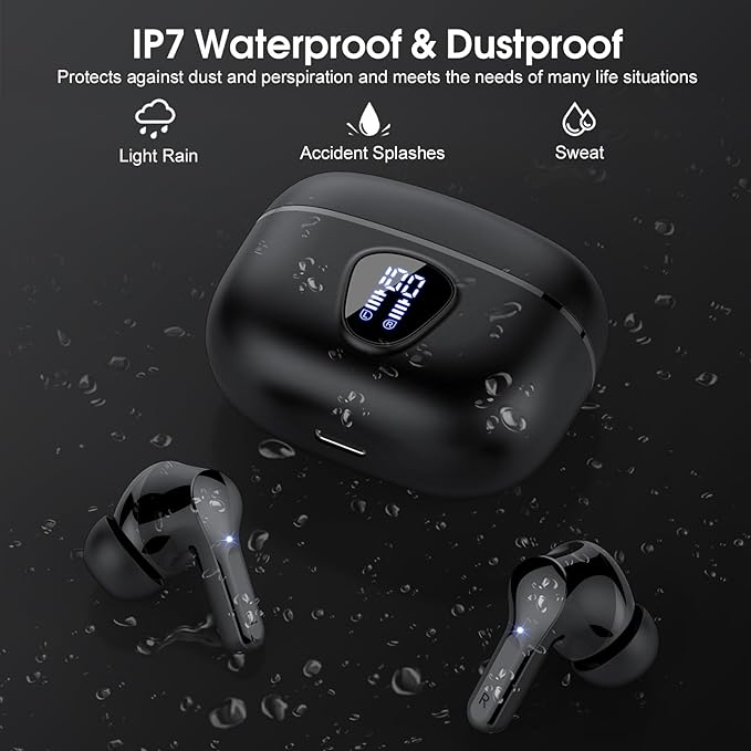 Wireless Earbuds, Bluetooth 5.4 Headphones HiFi Stereo, Bluetooth Earbuds with ENC Noise Cancelling Mic, IP7 Waterproof in Ear Earphones, 48H, LED Display Ear buds for Pad Phones Workout Sports, Black