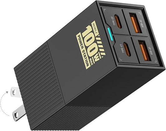 MFish 100W USB C Charger, Foldable Fast Laptop GaN Charger, 4-Port USB C Wall Charger Power Adapter Ports for MacBook Pro 16'', Dell XPS, iPhone 16/15 Pro Max, 6-in-1 Power Strip