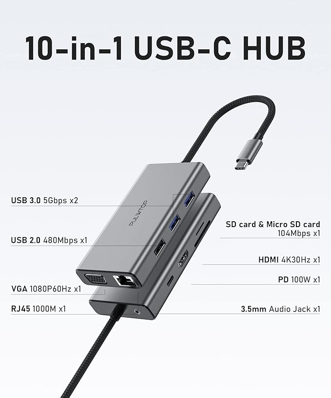 Laptop Docking Station 10 in 1 USB C Hub Multiport Adapter, 1*HDMI 4K 30Hz,VGA, Ethernet, USB 3.0, USB A 2.0, TF/SD, Audio, MacBook Dongle for MacBook Dell Hp Lenovo Laptop Type C Devices