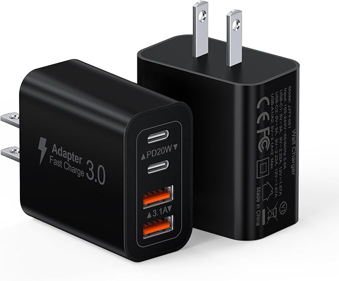 [2 Pack/40W] 4-Port USB C Wall Charger Block, Fast Type C Power Brick Charging Cube Power Delivery Wall Plug for iPhone 17/1615/14/13/12/14 Pro/13 Pro, Huawei, Xiaomi, Oneplus, Galaxy(Black)