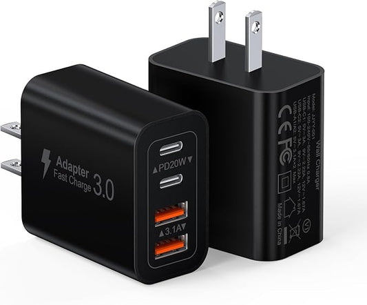 [2 Pack/40W] 4-Port USB C Wall Charger Block, Fast Type C Power Brick Charging Cube Power Delivery Wall Plug for iPhone 17/1615/14/13/12/14 Pro/13 Pro, Huawei, Xiaomi, Oneplus, Galaxy(Black)