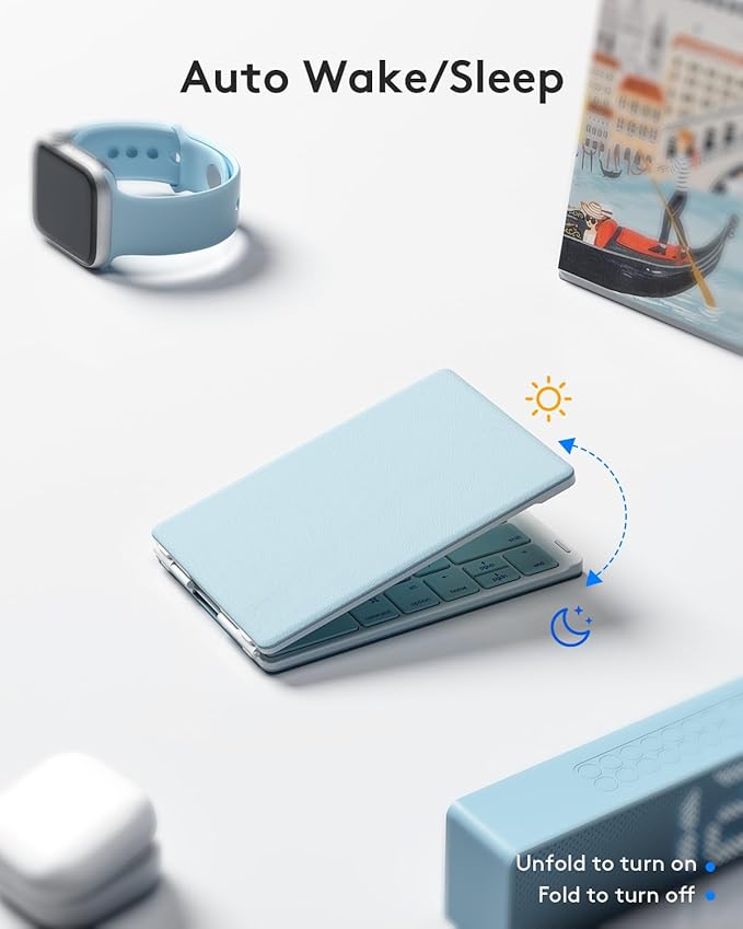 Samsers Bluetooth Foldable Keyboard, Wireless Portable Folding Keyboard, Full-Size Ultra-Slim Rechargeable Connect Up to 3 Devices for iOS Android Windows Phone Tablet and Laptop, Blue