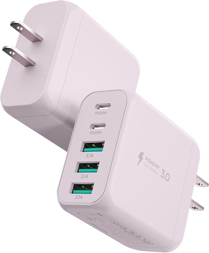 USB C Charger Block, [2-Pack] Type C Charger Fast Charging,50W 5-Port USB Wall Charger Multiport Type C Charging Block Cube for iPhone 17/16/15/14/13/12/11 Pro Max XS,iPad,Samsung&More-Pink
