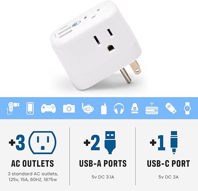 Cruise Approved Power Strip Foldable, Non Surge Protector Travel Power Strip, Multi Plug, 6 Outlets, 2 USB-A, 1 USB-C, & 3 AC Outlet for Carnival, Celebrity, Princess, & Major Lines in 2025 & 2026