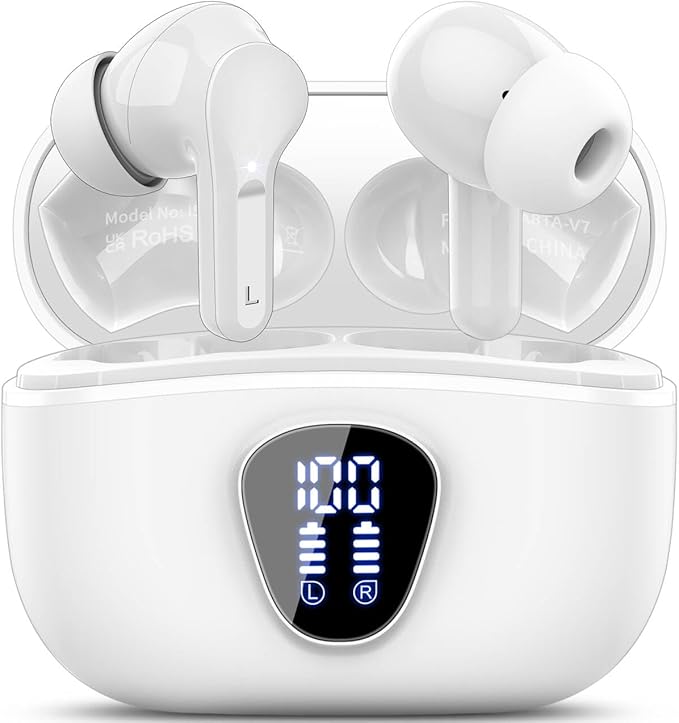 Wireless Earbuds, Bluetooth 5.4 Headphones HiFi Stereo, Bluetooth Earbuds with ENC Noise Cancelling Mic, IP7 Waterproof in Ear Earphones, 48H, LED Display Ear buds for Pad Phones Workout Sports, White