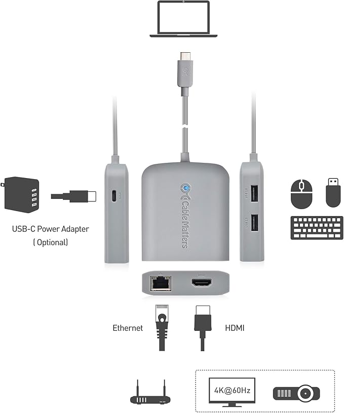 [Works with Chromebook Certified] Cable Matters USB C Hub Multiport Adapter with 4K HDMI, 2X USB 2.0, 480Mbps Ethernet, and 60W PD