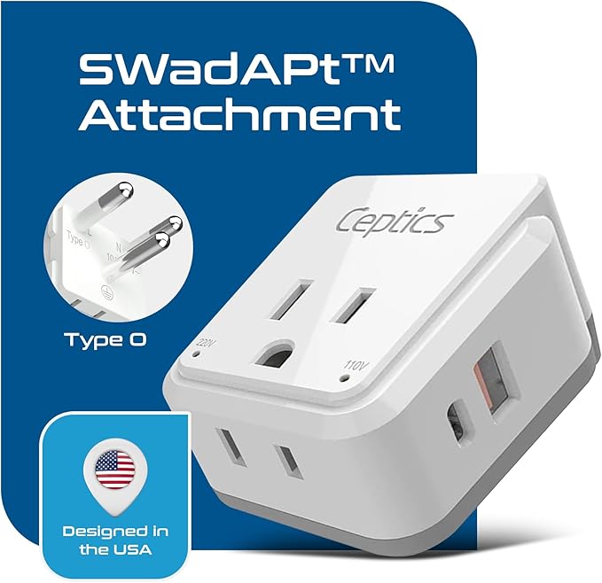 Ceptics Thailand Travel Adapter Set, PAK KIT 20W PD & QC, Type O - 3.1A - 4 in 1-2 USA Inputs, 1 USB Port, 1 USB-C Port - Compact, Powerful - Includes Type O Swadapt Attachments