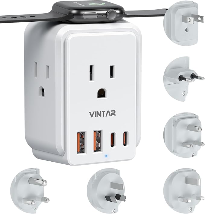 Universal Travel Adapter Kit, VINTAR International Power Adapter for Apple Watch Charger with 3 AC Outlets 4 USB Ports (2 USB C), Type A/C/D/G/I/M Detachable Plugs, US to Europe/UK/India/Africa