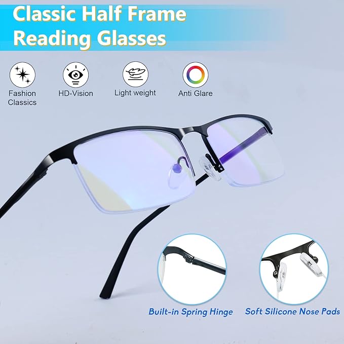 Blue Light Blocking Glasses, Lightweight Metal Half Frame Computer Reading/Gaming/TV/Phones Glasses,Filter UV Ray/Computer Glare with Spring Hinge Eyeglasses(Black+Brown)
