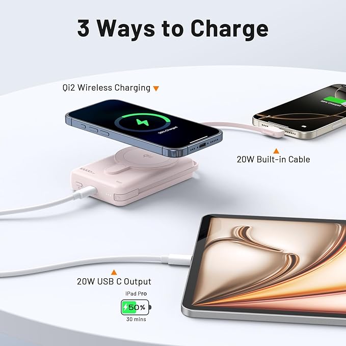 Magsafe Portable Charger 10000mAh Qi2 15W Fast Charging Magnetic Power Bank, Battery Pack with Foldable Stand, PD20W USB C Built in Cable, Mag Safe Only for iPhone 17/16/15/14/13/12 Series