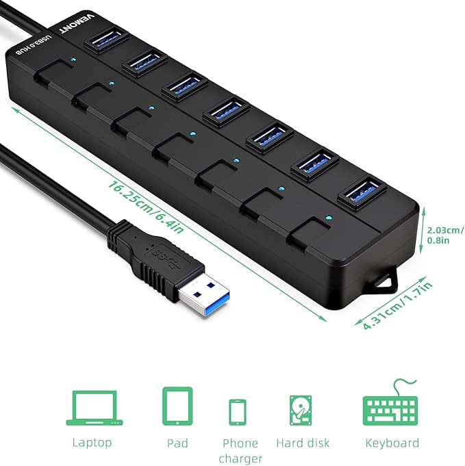 USB hub,7 Port USB 3.0 Hub,VEMONT USB Splitter with Individual On/Off Switches and Lights, 4ft/1.2m USB HUB Long Cable, USB Extension for Laptop and PC Computer