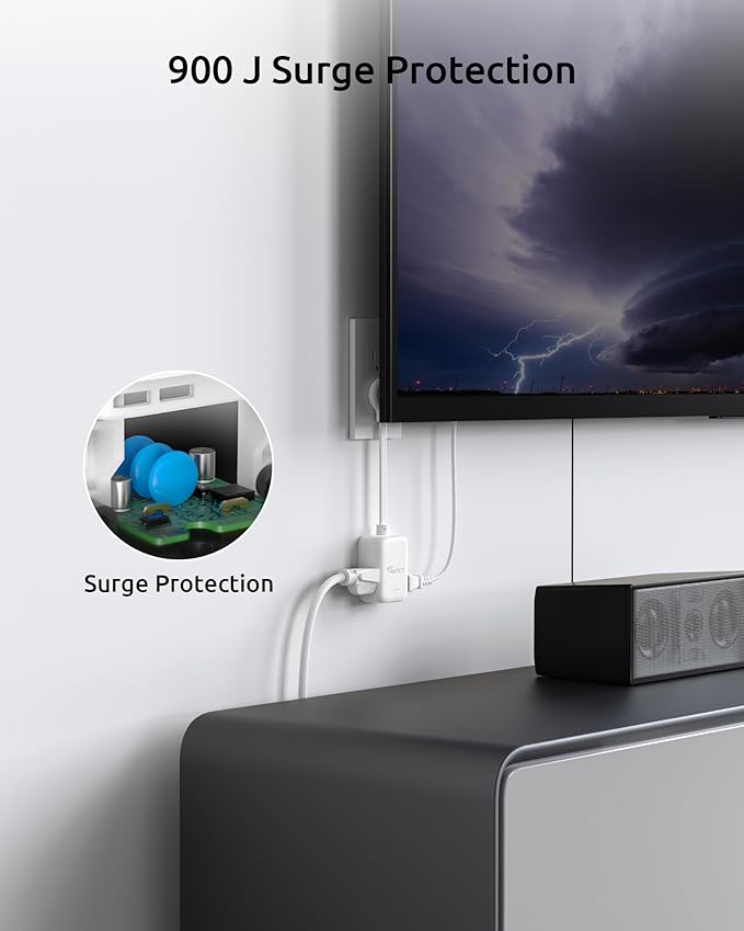 Short Extension Cord 6 Inch, ETL Listed, Flat Outlet Extender with 900J Surge Protector, 15A/1875W, 3 Way Multi Plug Outlet Splitter for Kitchen Bathroom Office Tight Spaces, White