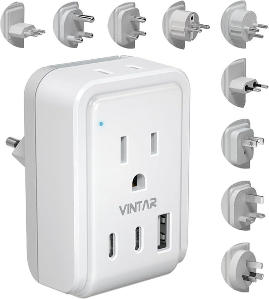 VINTAR Universal Travel Adapter Kit, International Power Adapter with 3 USB Ports (2 USB C, 3.4A) and 2 AC, Type A,C,D,E/F,G,H,I,L,M Detachable Attachments, Adapter for India/Africa/EU/UK//AU/JP/US