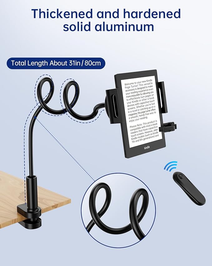 Kindle Holder with Remote Page Turner - Read in Bed Without Blocking Text or Adjusting Margins - Reduce Neck Strain - Quiet Page Turning for Kindle, iPad, iPhone