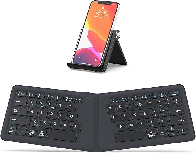 iClever Folding Keyboard, BK06 Foldable Bluetooth Keyboard with PU Leather Cover, Ergonomic Design, Tri-Device Connection, USB-C Charge – Portable Travel for iPhone, iPad, Tablet, Laptop