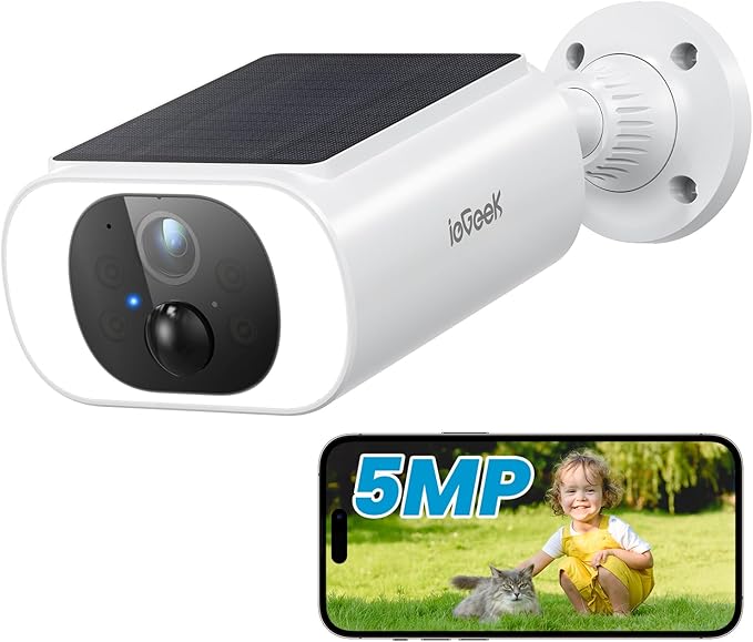 ieGeek 5MP Solar Security Cameras Wireless Outdoor, Battery Powered Home Surveillance Camera with Embedded Solar Panel, AI Motion Sensor, Smart Alarm, Color Night Vision, 2-Way Audio