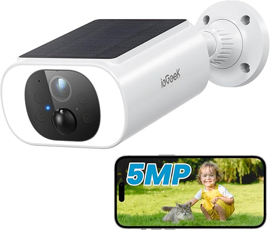 ieGeek 5MP Solar Security Cameras Wireless Outdoor, Battery Powered Home Surveillance Camera with Embedded Solar Panel, AI Motion Sensor, Smart Alarm, Color Night Vision, 2-Way Audio